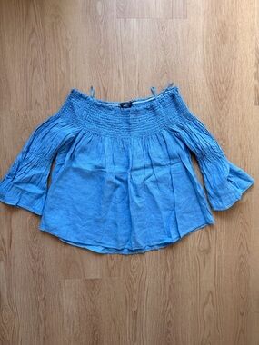 Zara Light Blue Off-the-Shoulder Smocked Top